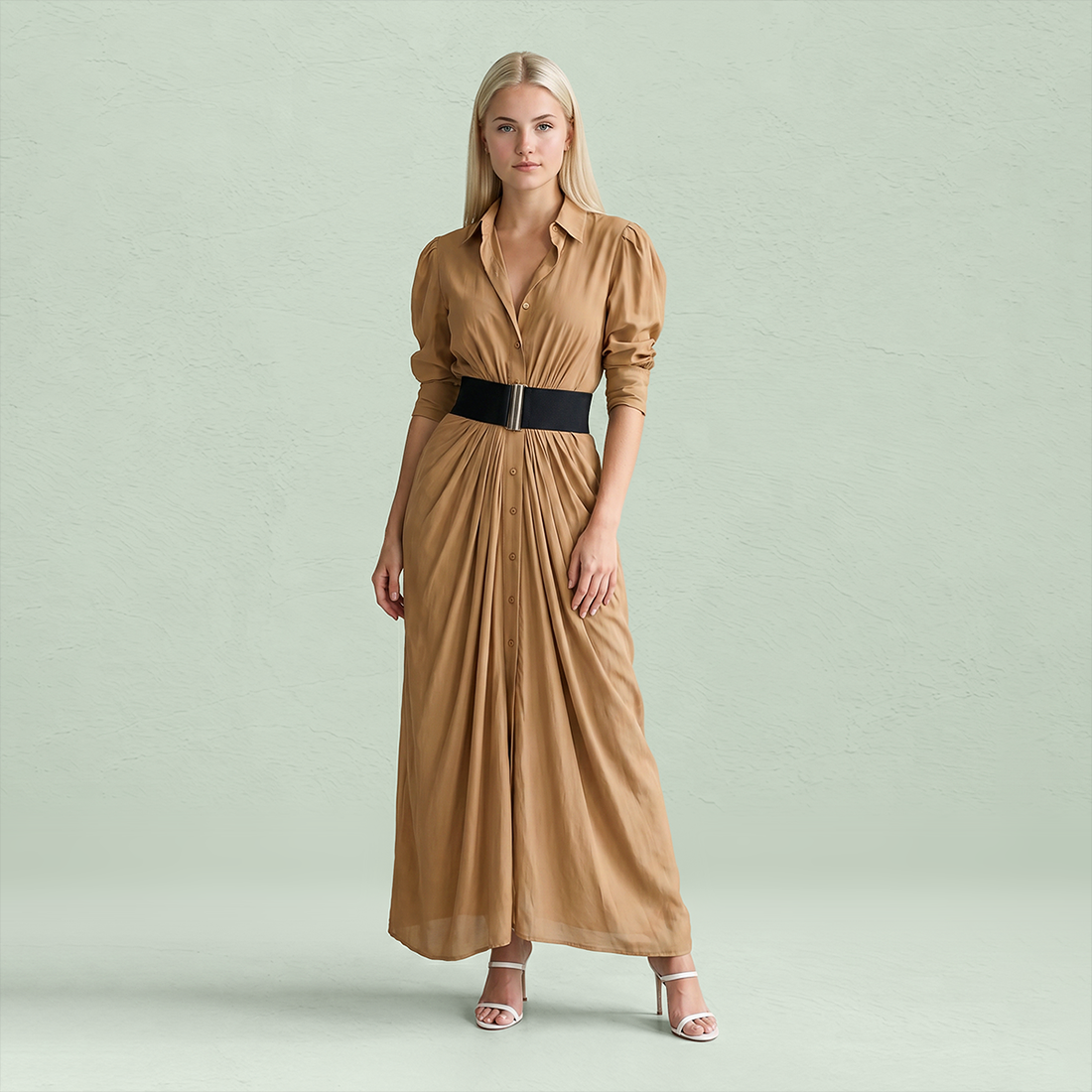 Solid Belted Shirt Collar Maxi Dress - Wholesale Supplier