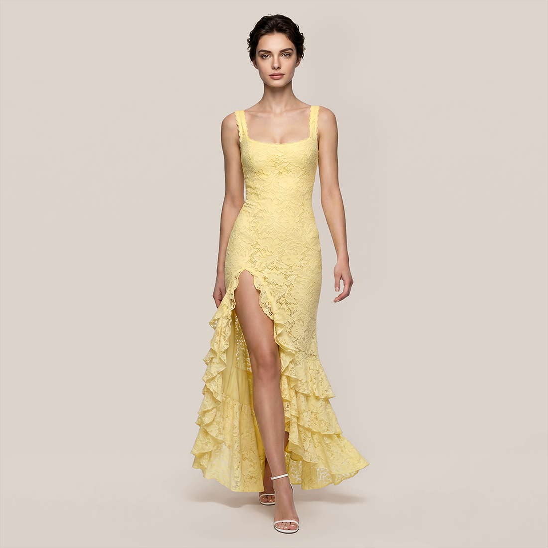 Lace Ruffle Maxi Dress Square Neck - Wholesale Bulk Supplier