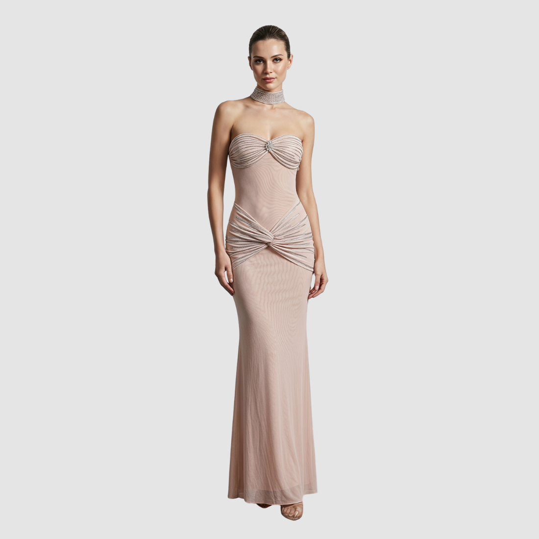 Wholesale Women's Rhinestone Halter Mesh Evening Gown