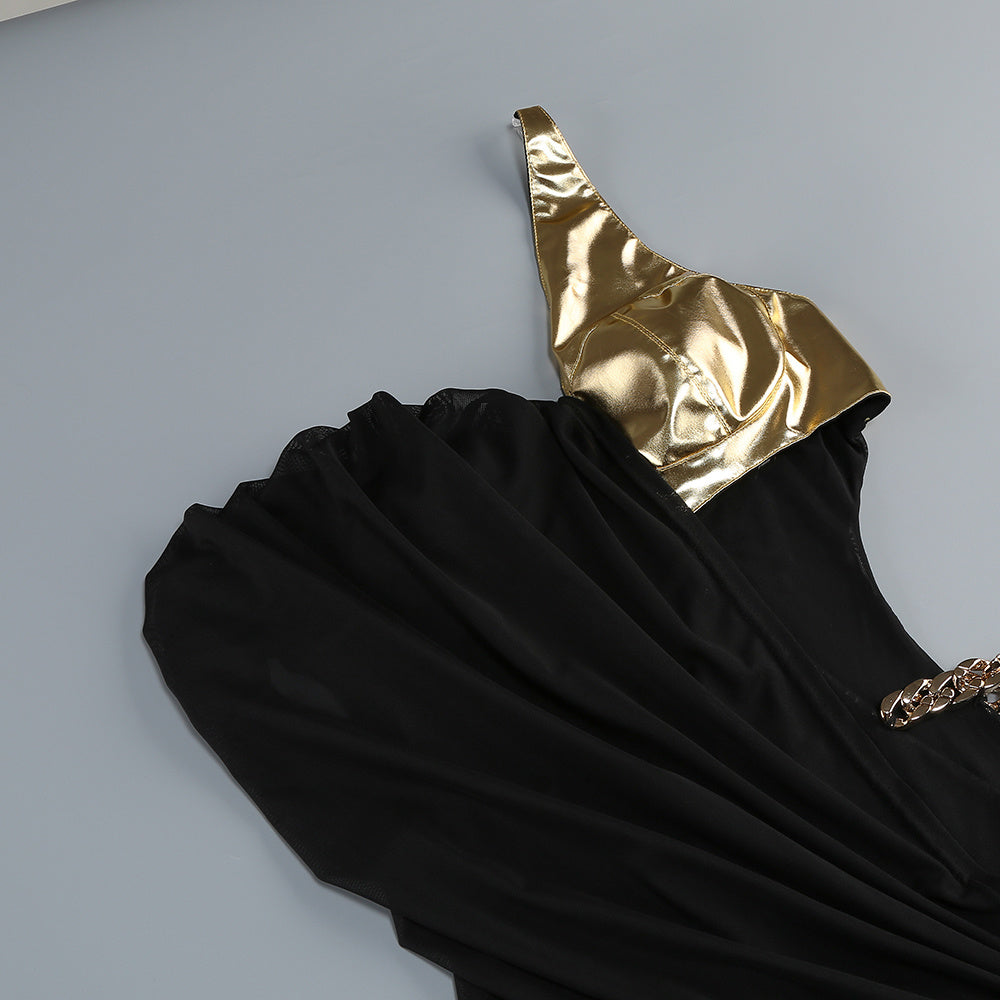 【Party & Event】 Maxi Sheath Polyester Milk Silk Sexy One-Shoulder Cutout Chain Side Slit Dress - MYTHSIS