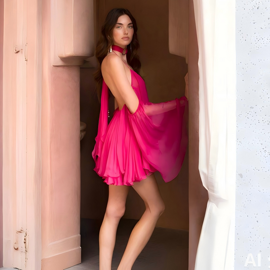 Wholesale Women's Halter Mini Dress – Off-Shoulder Chiffon-Style High-Waist
