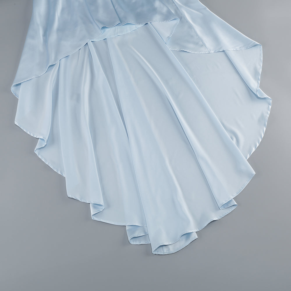 Wholesale Women's Light Blue Halter Maxi Dress – Fringe Asymmetric Train