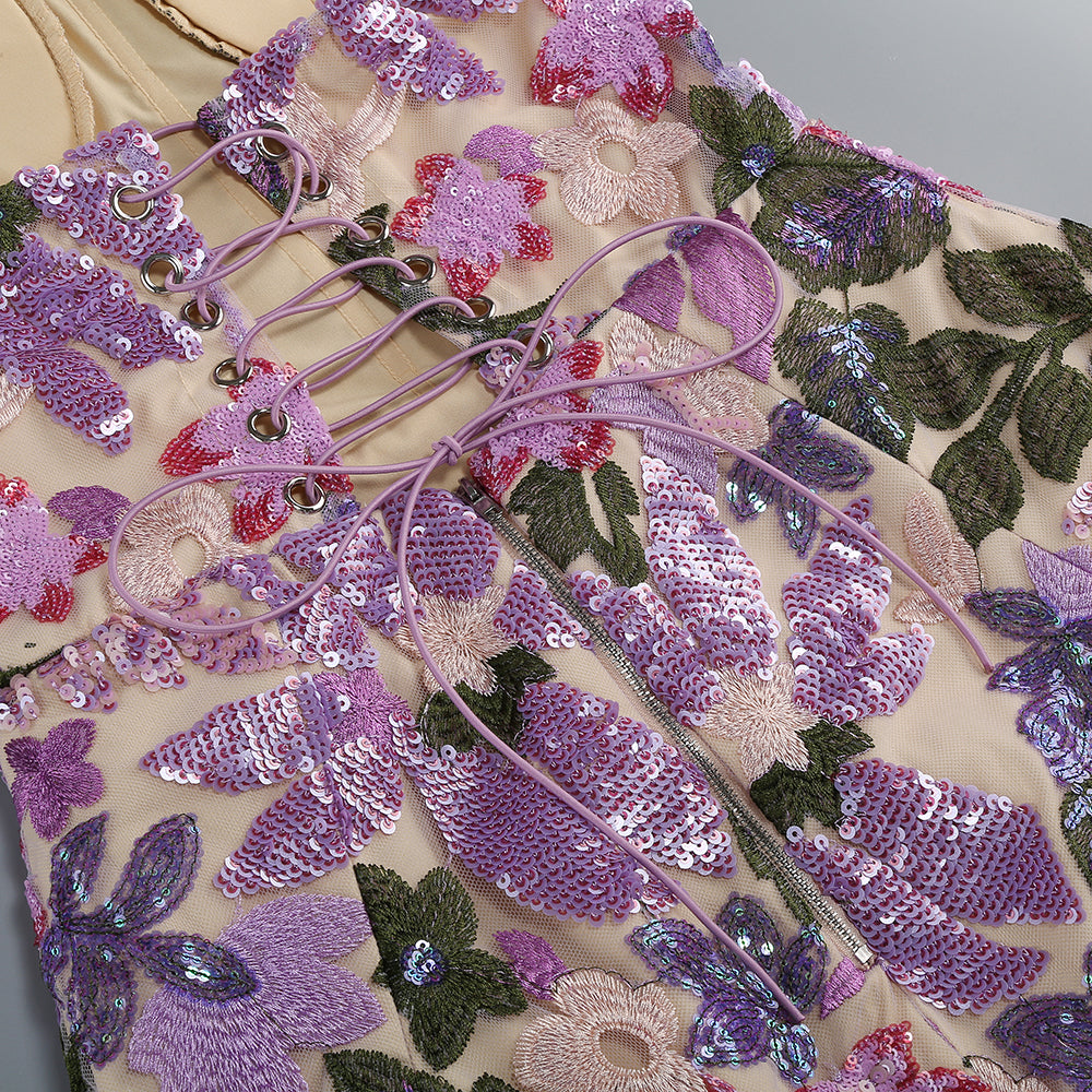 Wholesale Women's Purple Floral Sequin Strapless Mini Party Dress