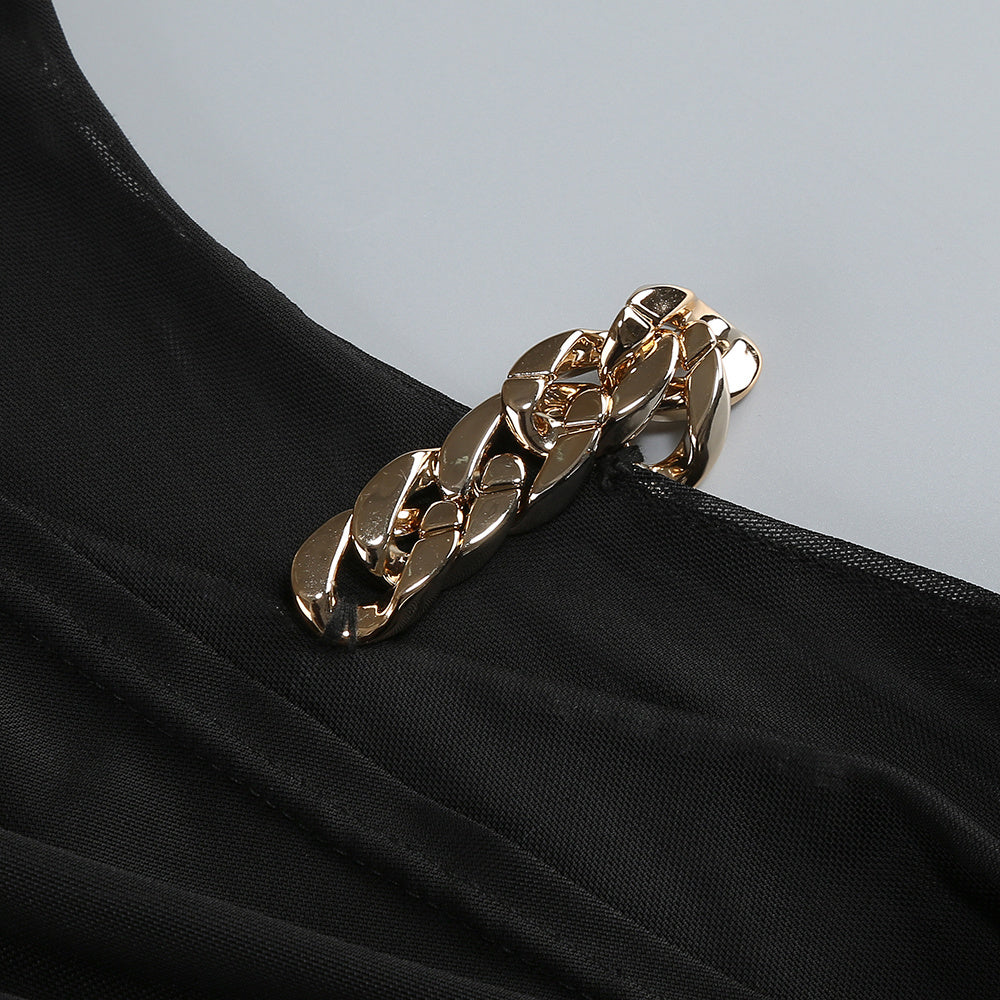 【Party & Event】 Maxi Sheath Polyester Milk Silk Sexy One-Shoulder Cutout Chain Side Slit Dress - MYTHSIS