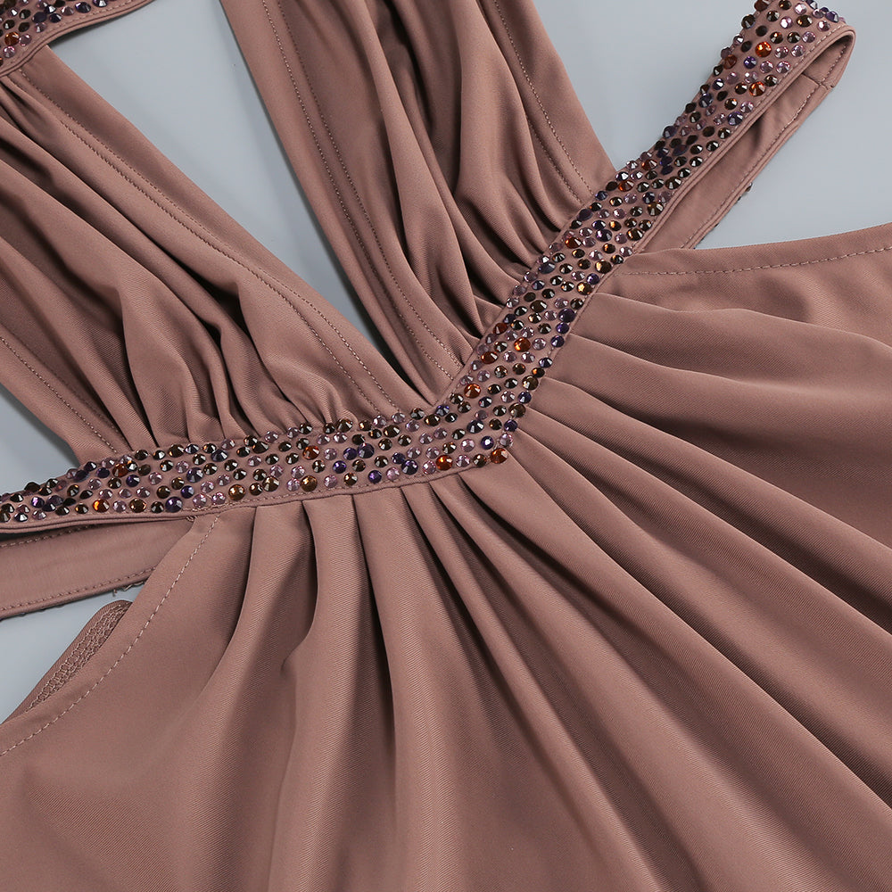 Wholesale Women's Camel Halter Maxi Dress – Crystal Cutout Bodycon