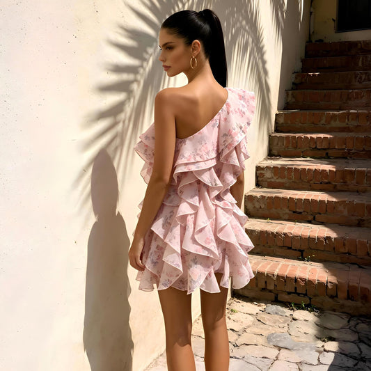 Wholesale Women's One-Shoulder Ruffle Mini Dress – Floral Pleated Bodycon