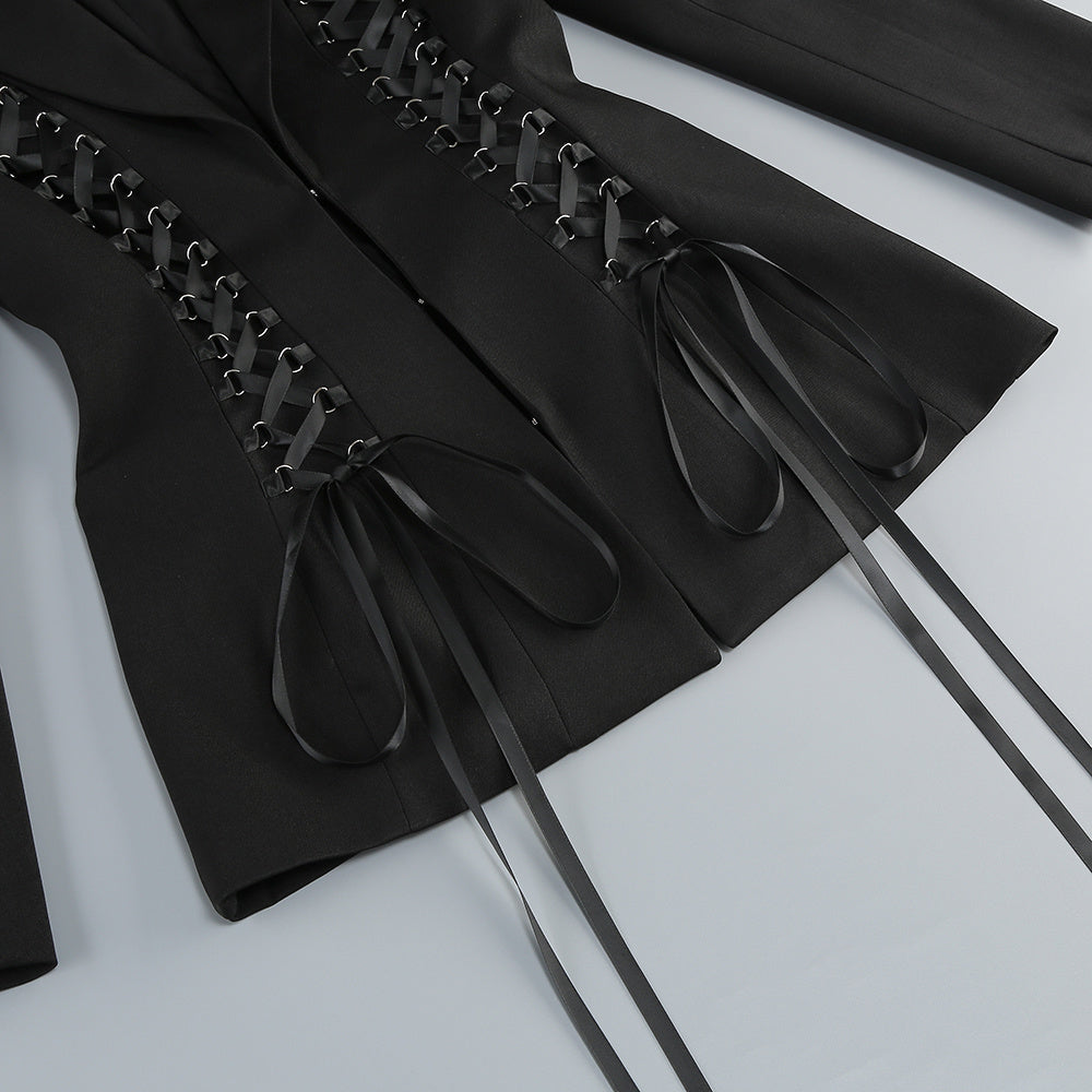 【Party & Event】 Mini Sheath Polyester Sexy Deep V-Neck Cross Tie-Up Blazer Dress - MYTHSIS
