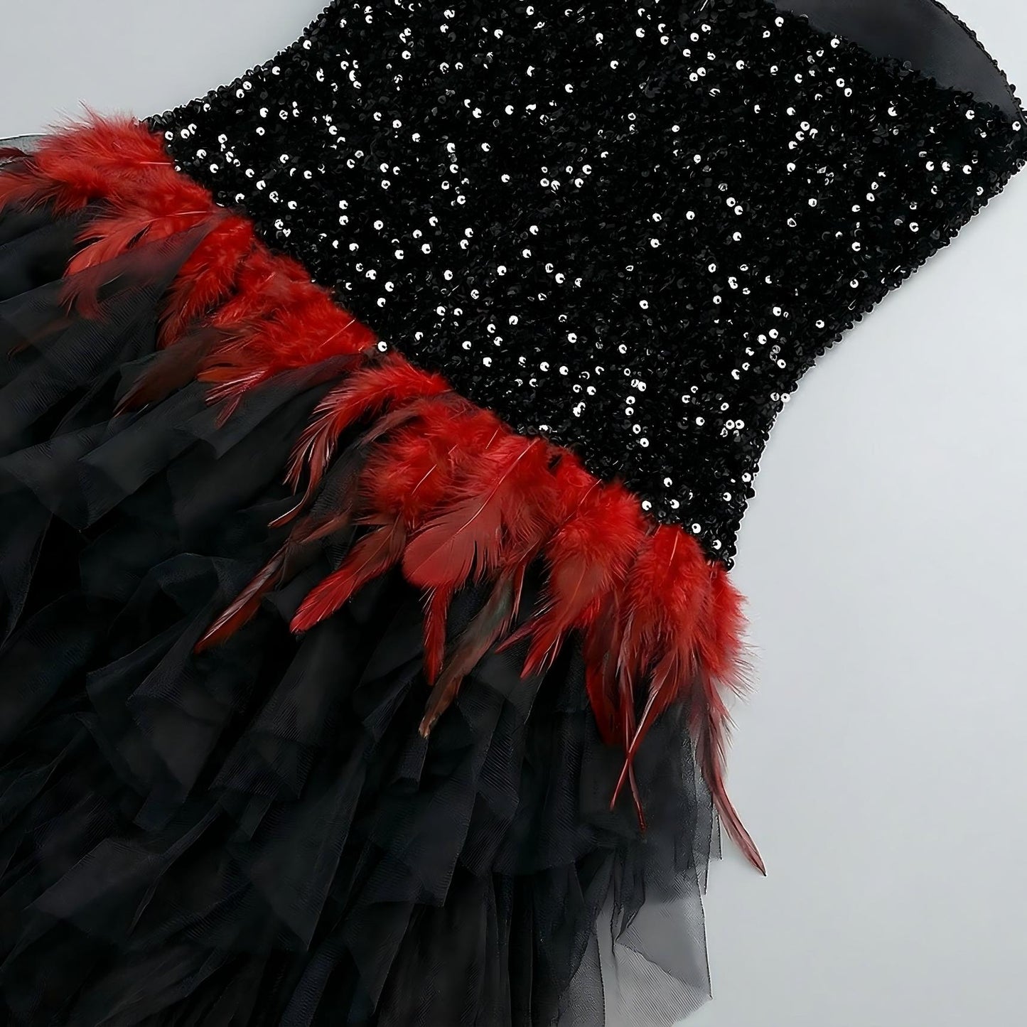 【Party & Event】 Maxi A-Line Sequin Polyester Sexy Strapless Rhinestone Feather Mesh Dress - MYTHSIS