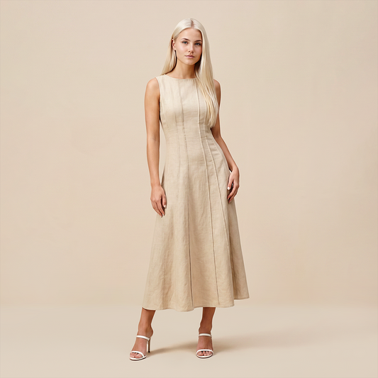 Casual Everyday Maxi A-Line Polyester Chic Round Neck Ruched Sleeveless Dress - MYTHSIS