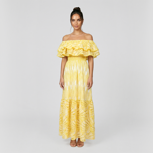 One collar ruffle edge embroidered hollow vacation mix dress