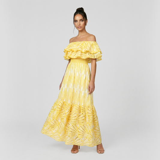 One collar ruffle edge embroidered hollow vacation mix dress