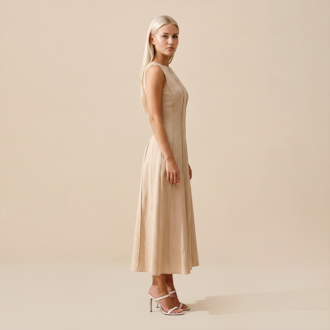 Casual Everyday Maxi A-Line Polyester Chic Round Neck Ruched Sleeveless Dress - MYTHSIS