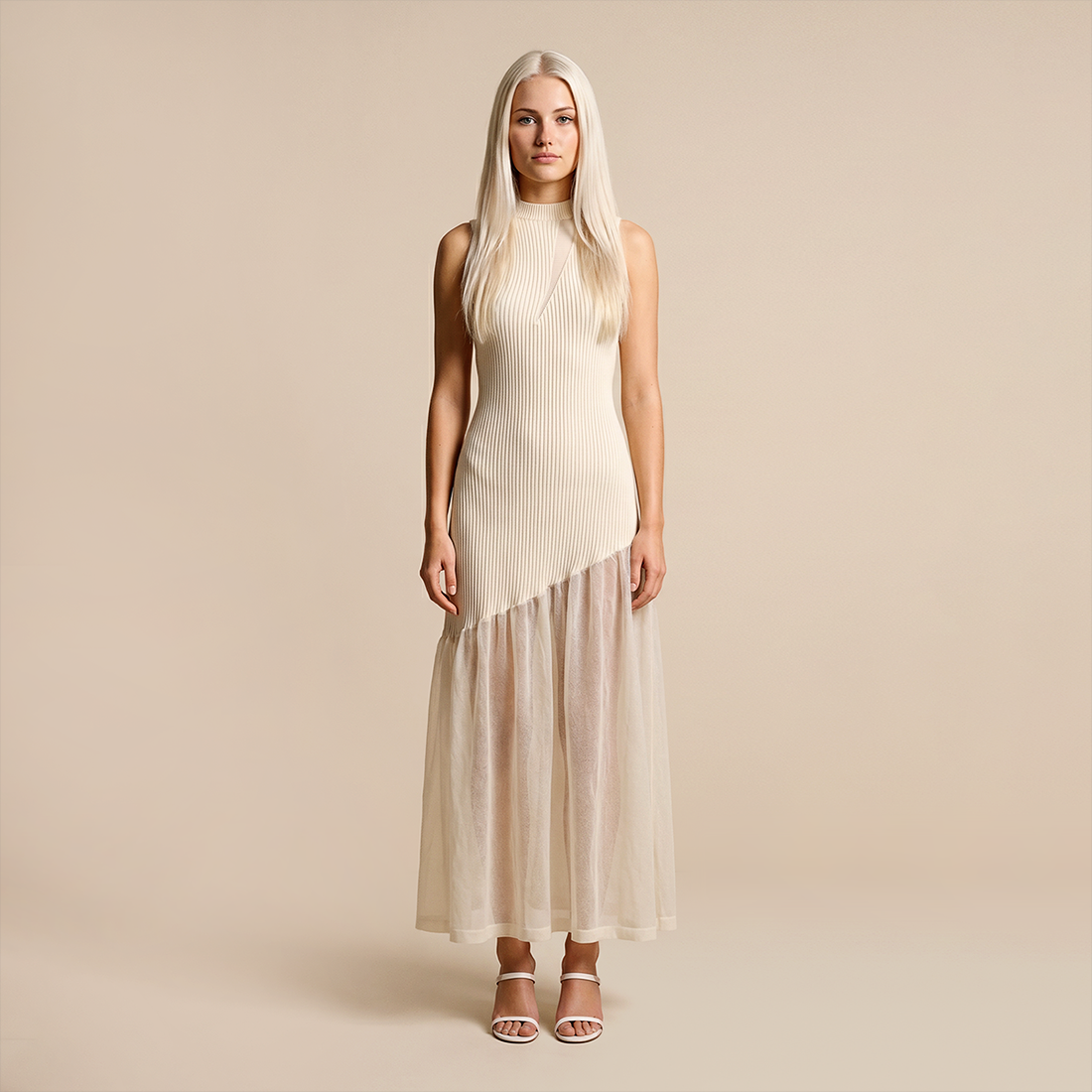 Date Night Maxi Mermaid Polyester Sexy Strapless Mesh Spliced Ribbed Dress - MYTHSIS