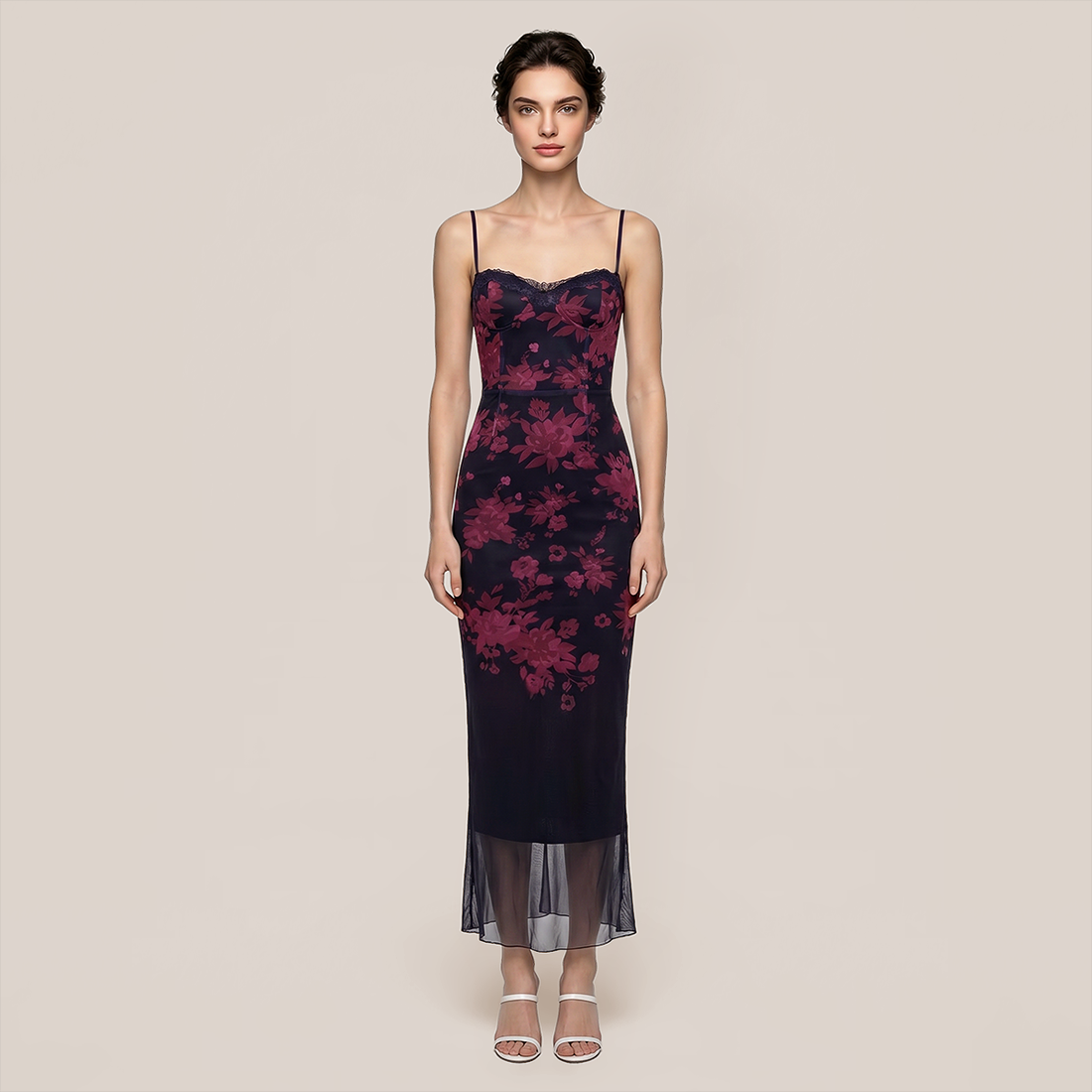 【Date Night】 Maxi Sheath Polyester Sexy V-Neck Spaghetti Strap Mesh Spliced Dress - MYTHSIS