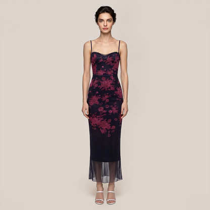 【Date Night】 Maxi Sheath Polyester Sexy V-Neck Spaghetti Strap Mesh Spliced Dress - MYTHSIS