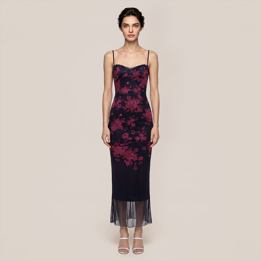 【Date Night】 Maxi Sheath Polyester Sexy V-Neck Spaghetti Strap Mesh Spliced Dress - MYTHSIS