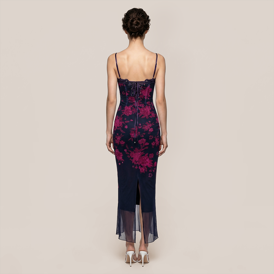 【Date Night】 Maxi Sheath Polyester Sexy V-Neck Spaghetti Strap Mesh Spliced Dress - MYTHSIS