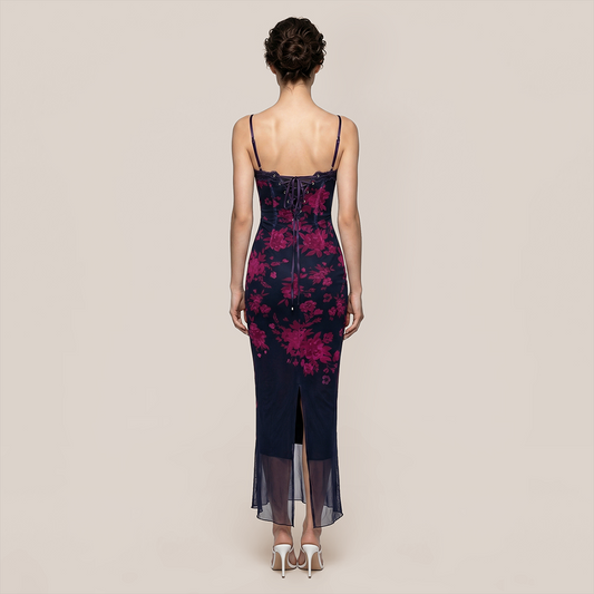 【Date Night】 Maxi Sheath Polyester Sexy V-Neck Spaghetti Strap Mesh Spliced Dress - MYTHSIS