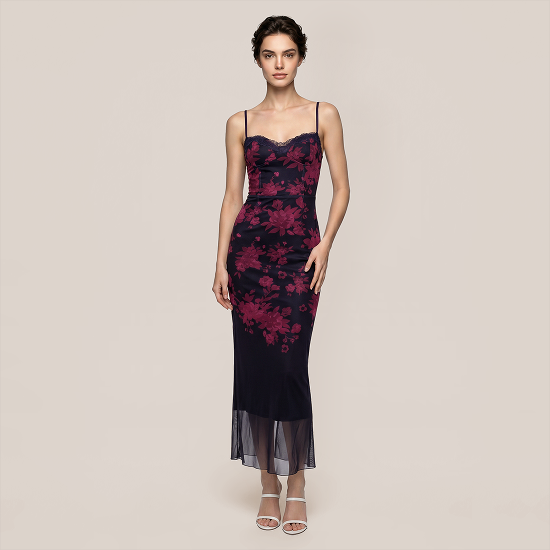 【Date Night】 Maxi Sheath Polyester Sexy V-Neck Spaghetti Strap Mesh Spliced Dress - MYTHSIS