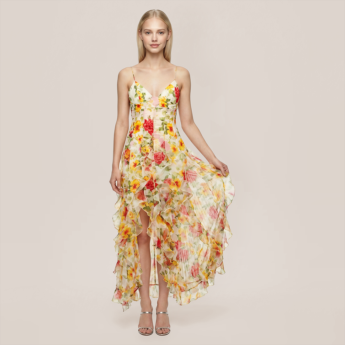 Wedding Guest Maxi A-Line Chiffon Floral Elegant Dress - MYTHSIS