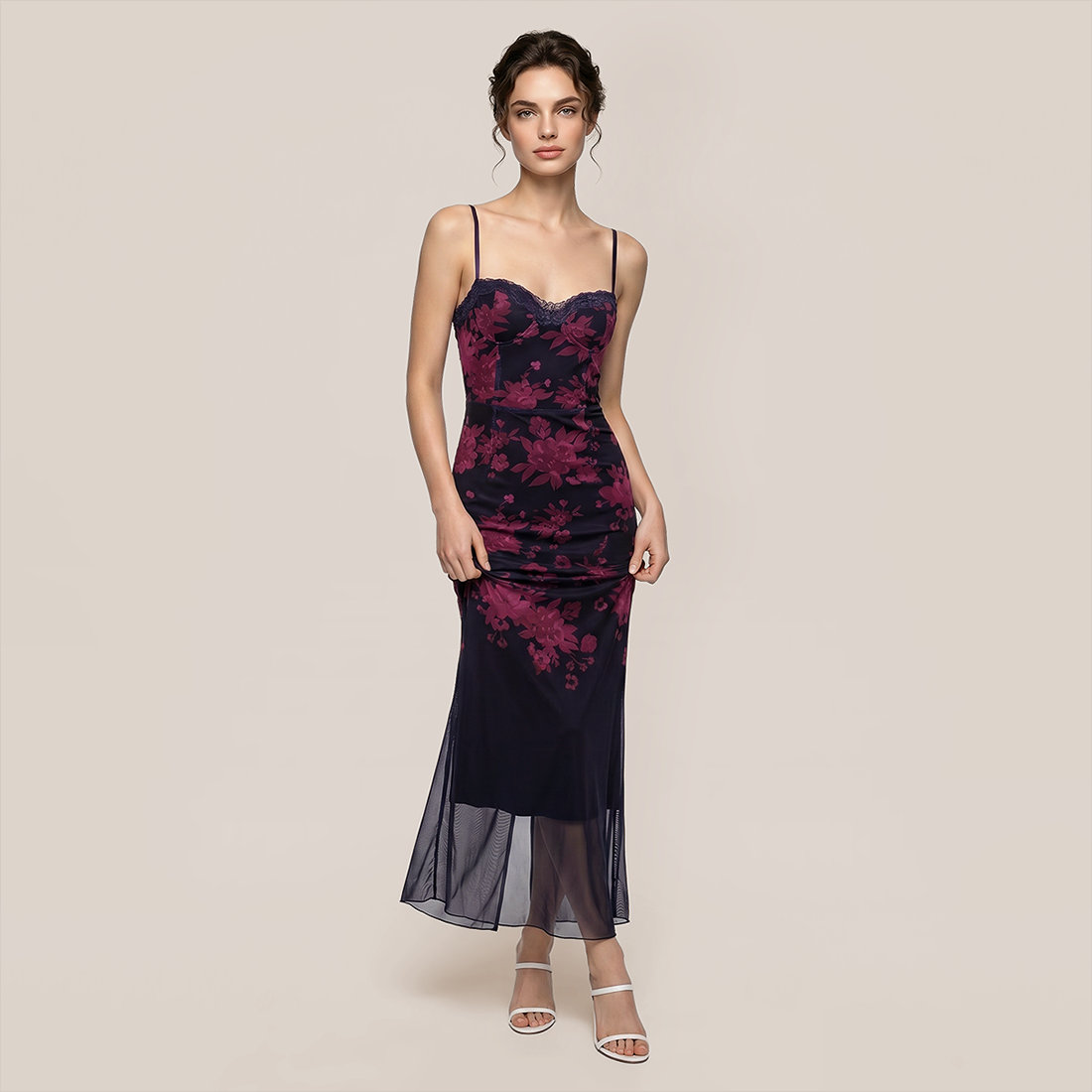 【Date Night】 Maxi Sheath Polyester Sexy V-Neck Spaghetti Strap Mesh Spliced Dress - MYTHSIS