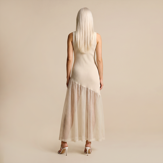 Date Night Maxi Mermaid Polyester Sexy Strapless Mesh Spliced Ribbed Dress - MYTHSIS