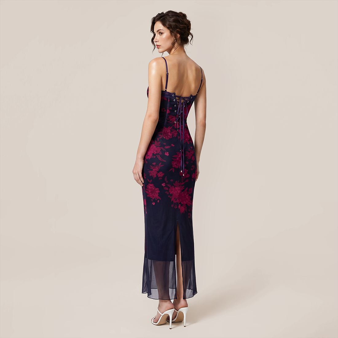 【Date Night】 Maxi Sheath Polyester Sexy V-Neck Spaghetti Strap Mesh Spliced Dress - MYTHSIS