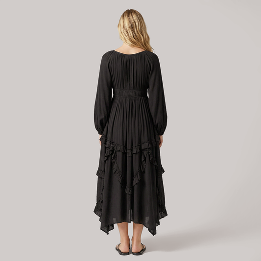 U-neck ruffled lace patchwork slit long skirt