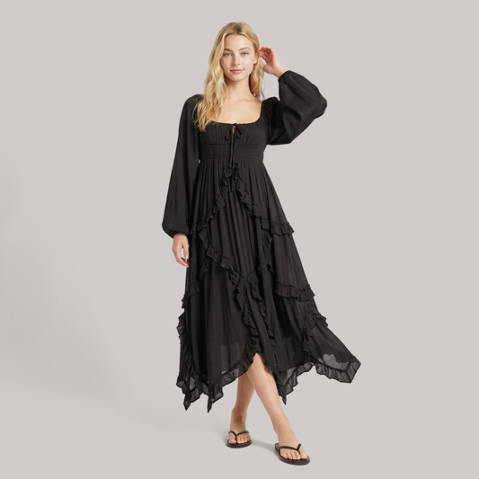 U-neck ruffled lace patchwork slit long skirt