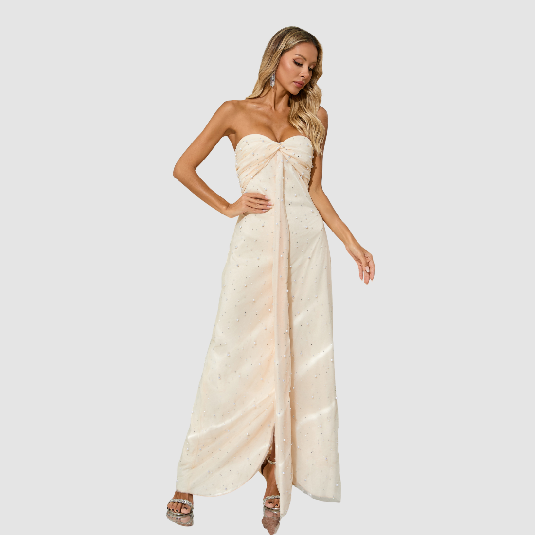 【Party & Event】 Maxi Sheath Polyester Spandex Sexy Strapless Rhinestone Mesh Spliced Dress - MYTHSIS
