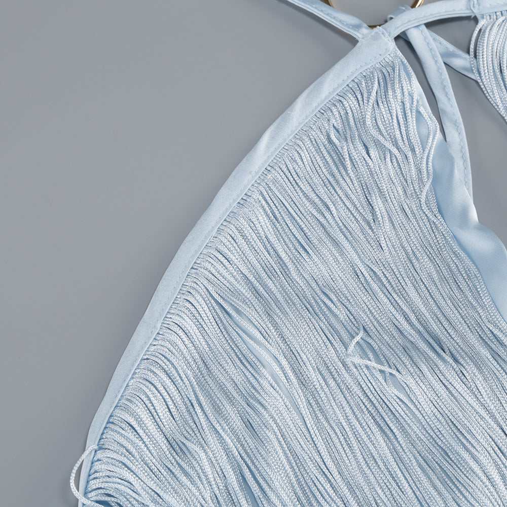 Wholesale Women's Light Blue Halter Maxi Dress – Fringe Asymmetric Train