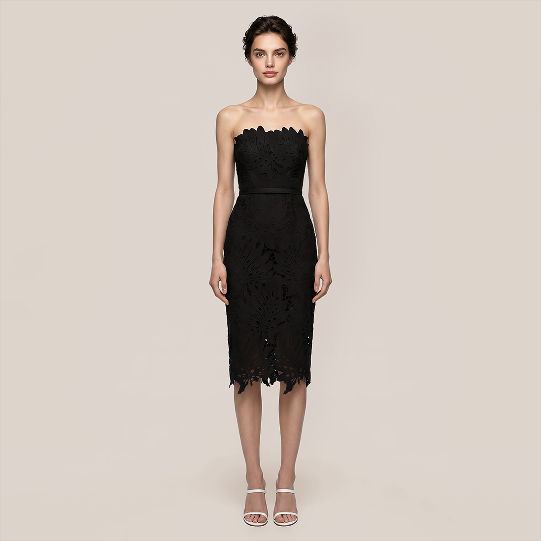 Date Night Midi Bodycon Polyester Elegant Strapless Leaf Trim Bandage Dress - MYTHSIS