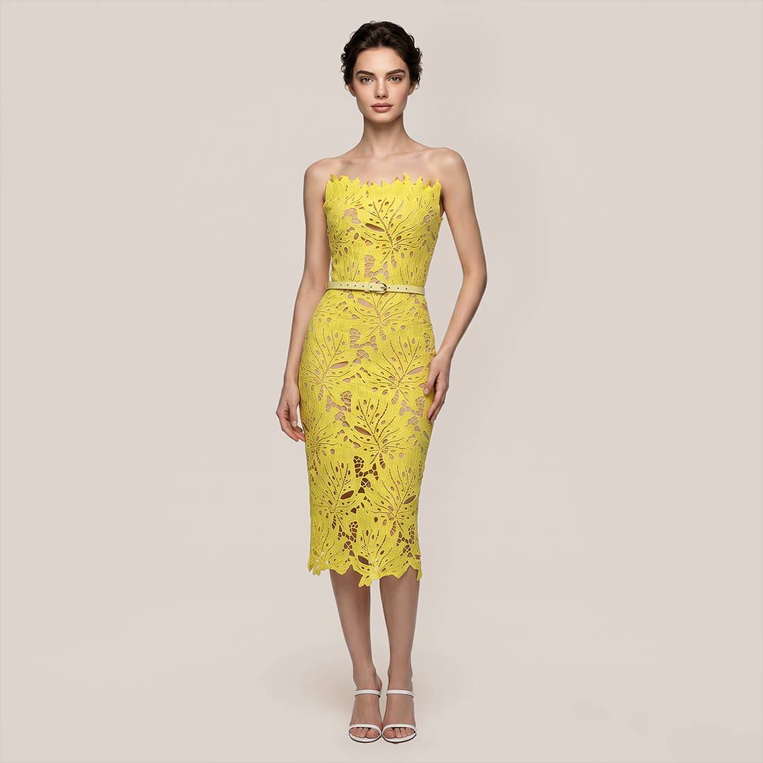 Date Night Midi Bodycon Polyester Elegant Strapless Leaf Trim Bandage Dress - MYTHSIS