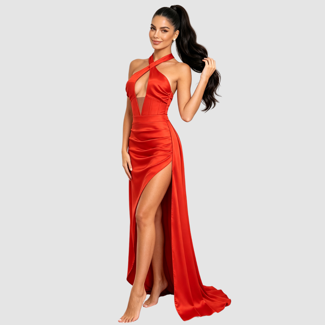 Wholesale Women's Coral Halter Backless Slit Train Evening Dress