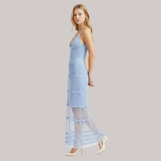 Blue V-neck sleeveless A-line pullover knitted maxi dress