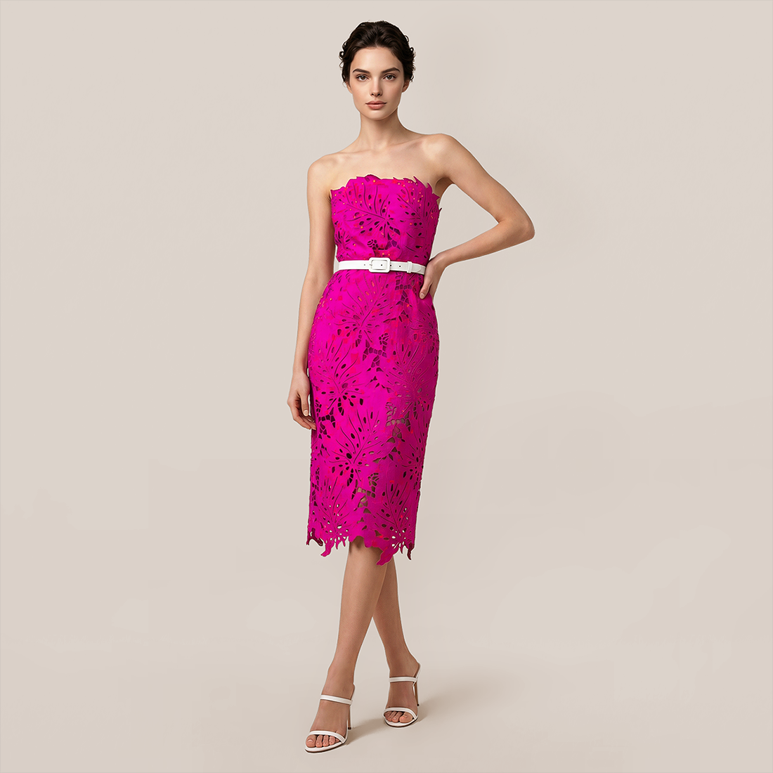 Date Night Midi Bodycon Polyester Elegant Strapless Leaf Trim Bandage Dress - MYTHSIS