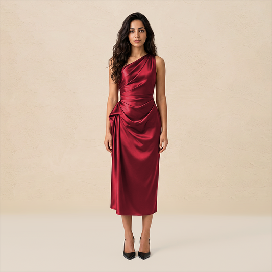 Formal Evening Maxi Sheath Satin Glam Off-Shoulder Solid High Waist Dress - MYTHSIS