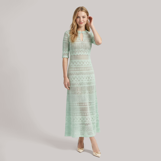 Round neck short sleeved hollow knit midi dress