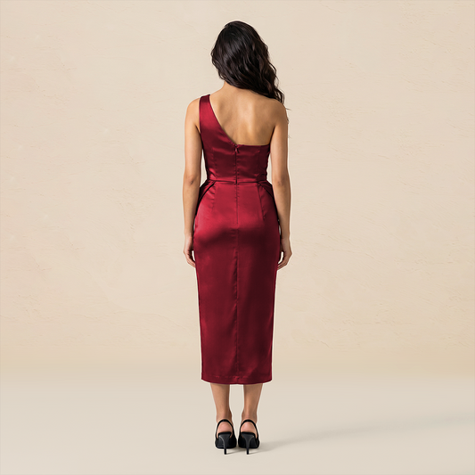 Formal Evening Maxi Sheath Satin Glam Off-Shoulder Solid High Waist Dress - MYTHSIS