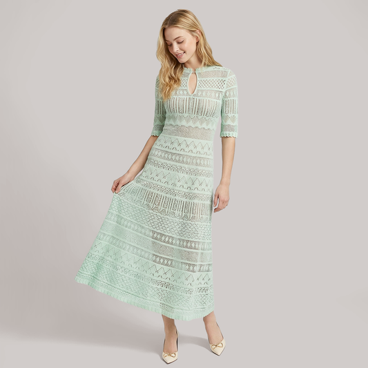 Round neck short sleeved hollow knit midi dress