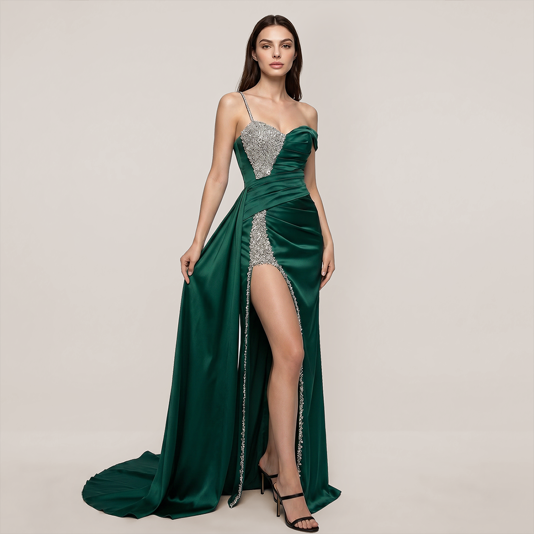 Formal Evening Maxi Fit & Flare Sequin Glam Spaghetti Strap Slit Dress - MYTHSIS