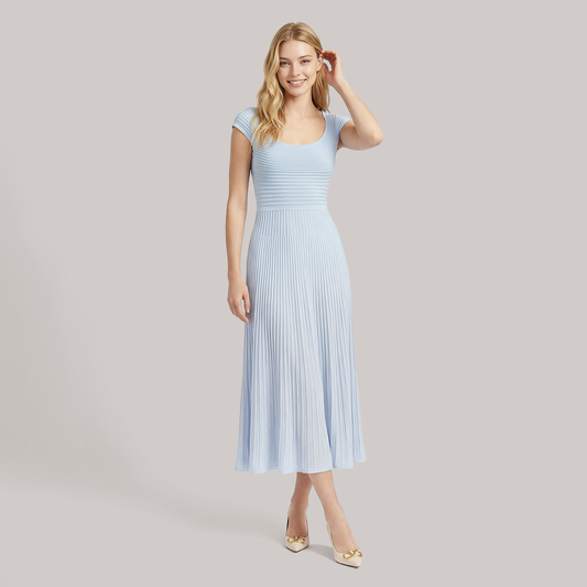 Square neck short sleeved A-line medium length knitted dress