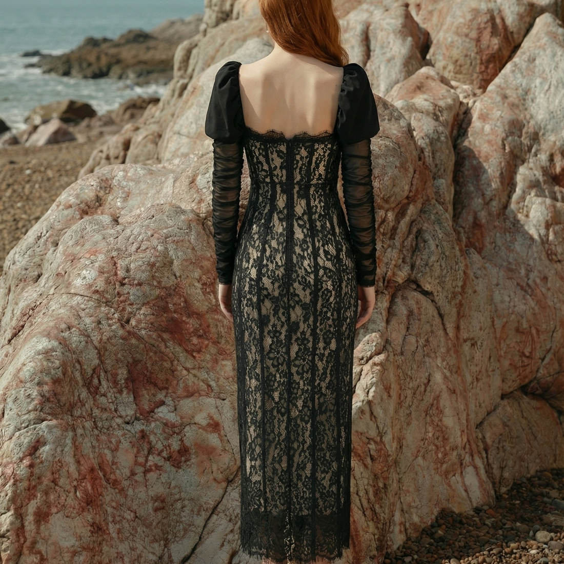 【Party & Event】 Maxi Mermaid Polyester Triacetate Sexy Square Neck Cutout Rhinestone Puff Sleeve Dress - MYTHSIS