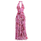 Vacation Maxi A-Line Satin Ruffle HalterFlowy Dress - MYTHSIS