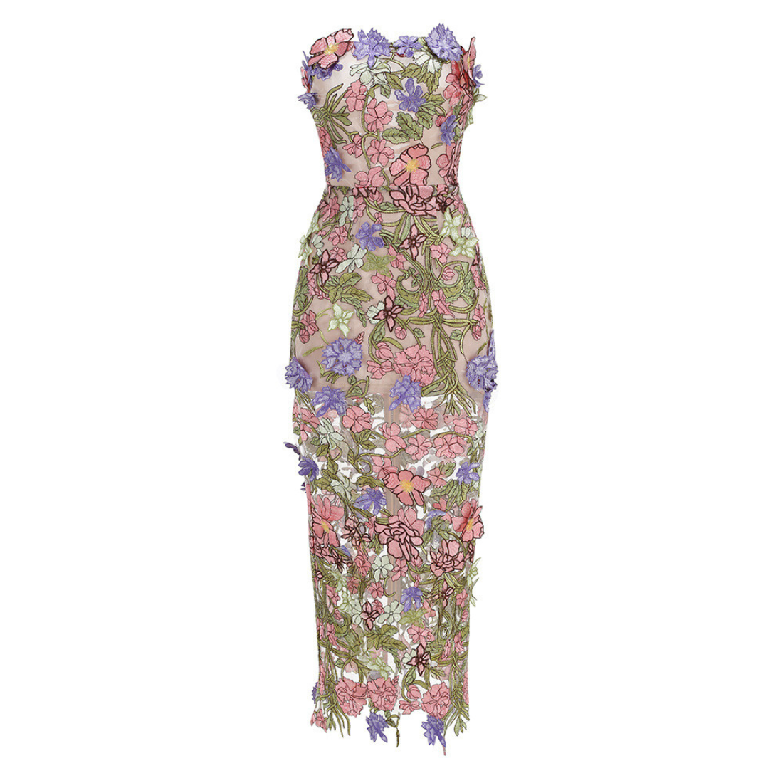 Vacation & Resort Satin Floral Print 3D Flower Maxi Bodycon Dress - MYTHSIS