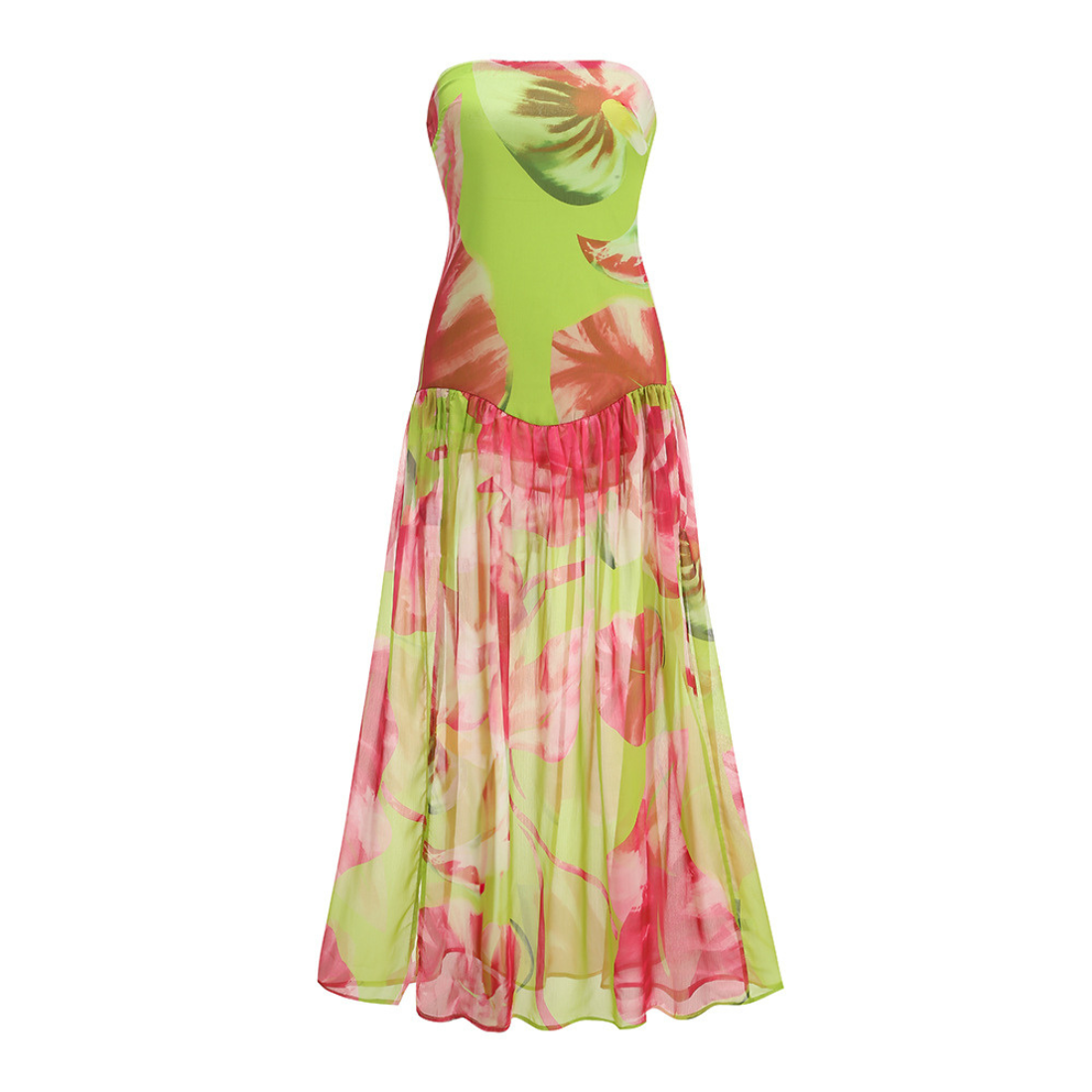 Vacation & Resort Maxi A-Line Satin Floral Print Strapless Dress - MYTHSIS