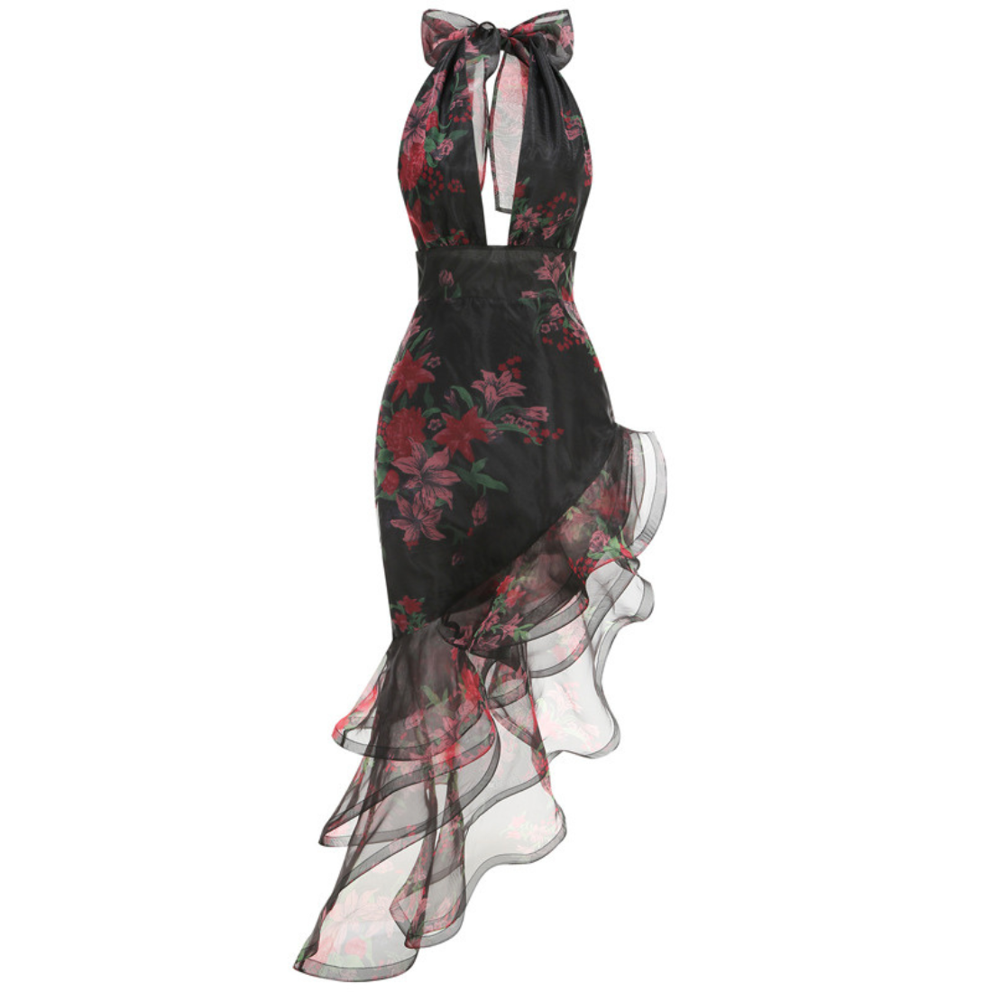 Vacation Maxi A-Line Polyester Elegant Halter Neck Open Back Ruffle Dress - MYTHSIS