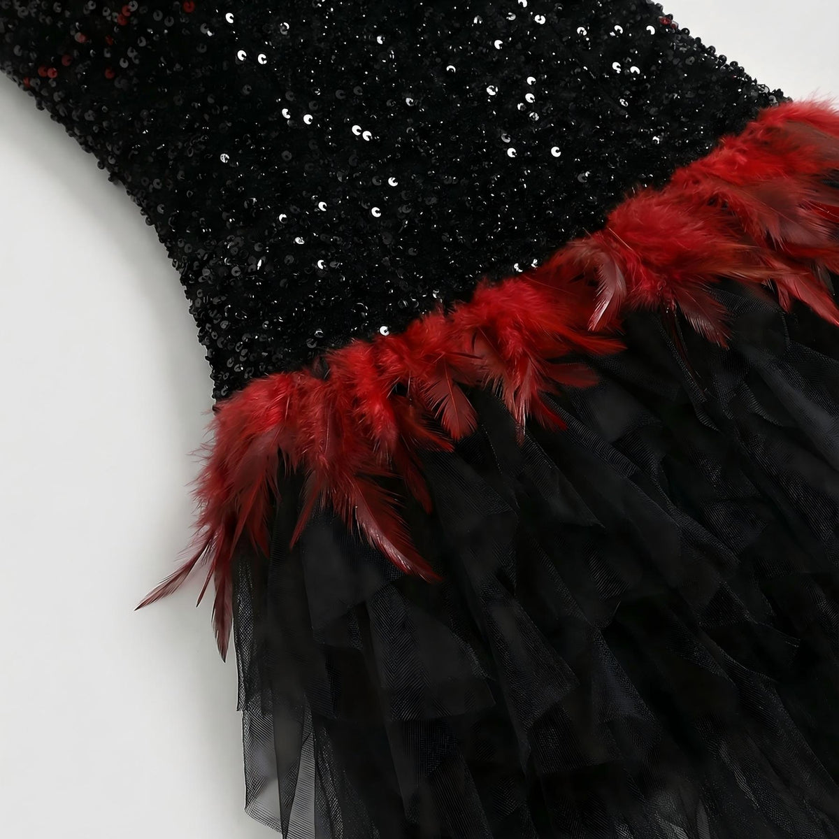 【Party & Event】 Maxi A-Line Sequin Polyester Sexy Strapless Rhinestone Feather Mesh Dress - MYTHSIS