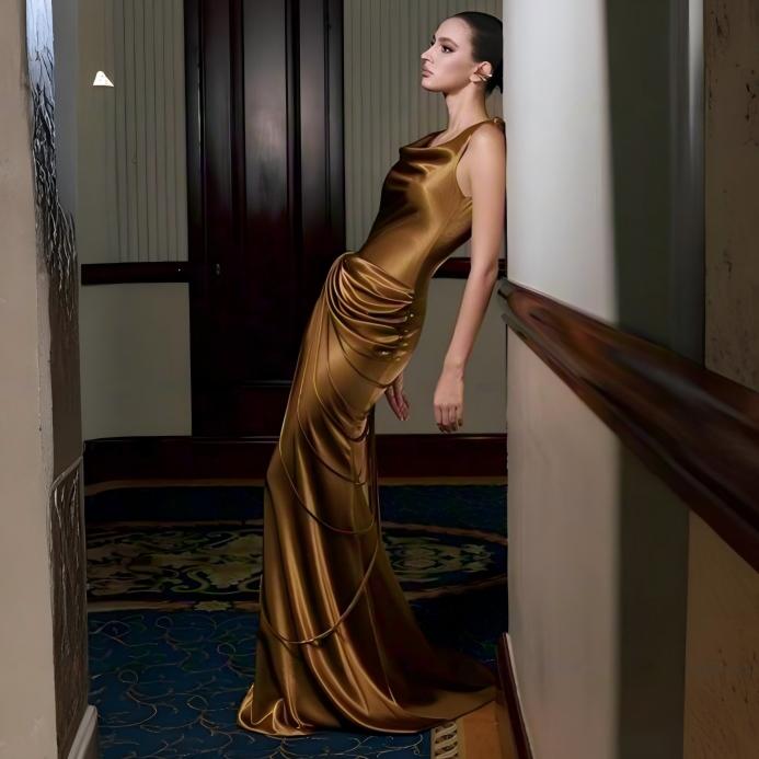 Wholesale Women's Dark Brown Satin Cowl-Neck Fishtail Maxi Dress – XS Womens Clothing
