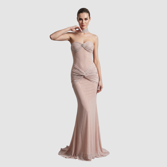 Wholesale Women's Rhinestone Halter Mesh Evening Gown